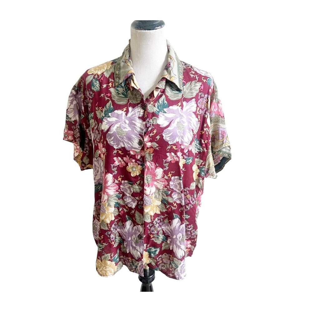 Unionbay Mixed Print Vintage Button Down Shirt Burgundy Floral Baroque Rayon LRG